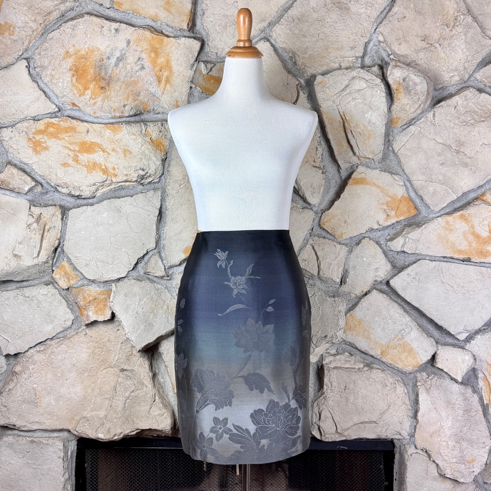 Ralph Lauren Black Label Cotton Silk Pencil Skirt Ombré Gray Floral | 6